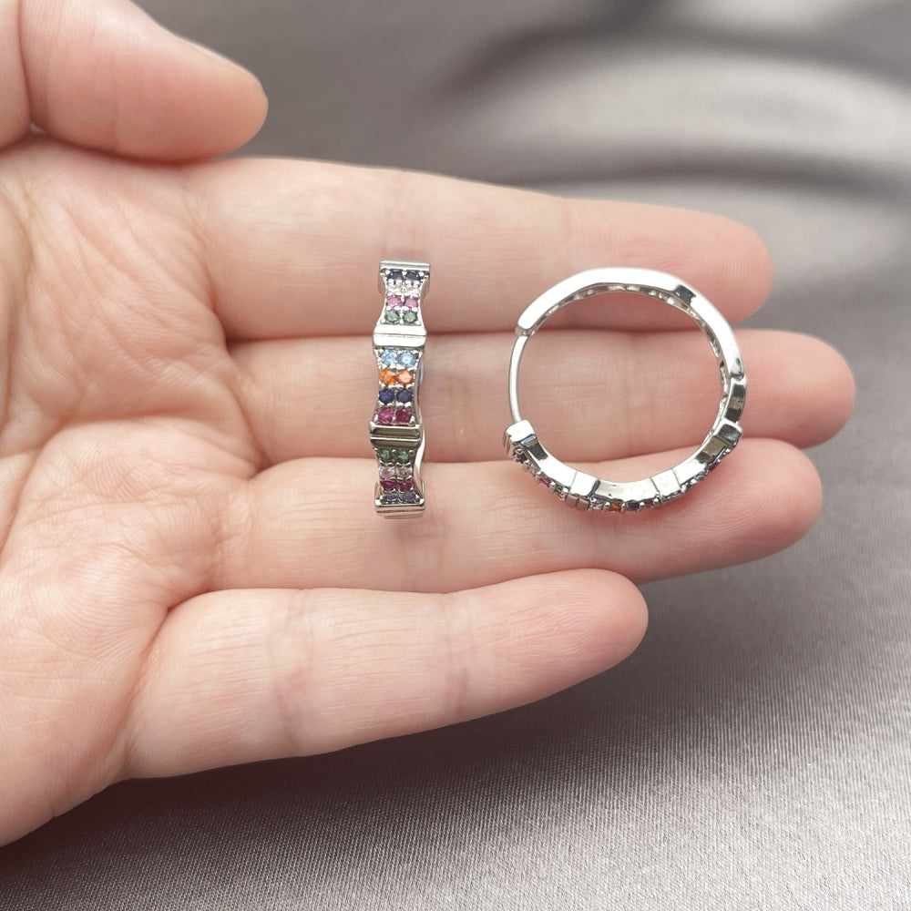 Rhodium Gold Filled Huggie Hoop, with Multicolor Micro Pave, Polished, Rhodium Finish