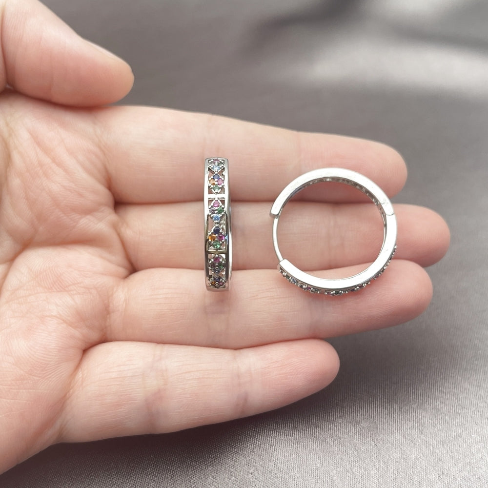 Rhodium Gold Filled Huggie Hoop, with Multicolor Micro Pave, Polished, Rhodium Finish