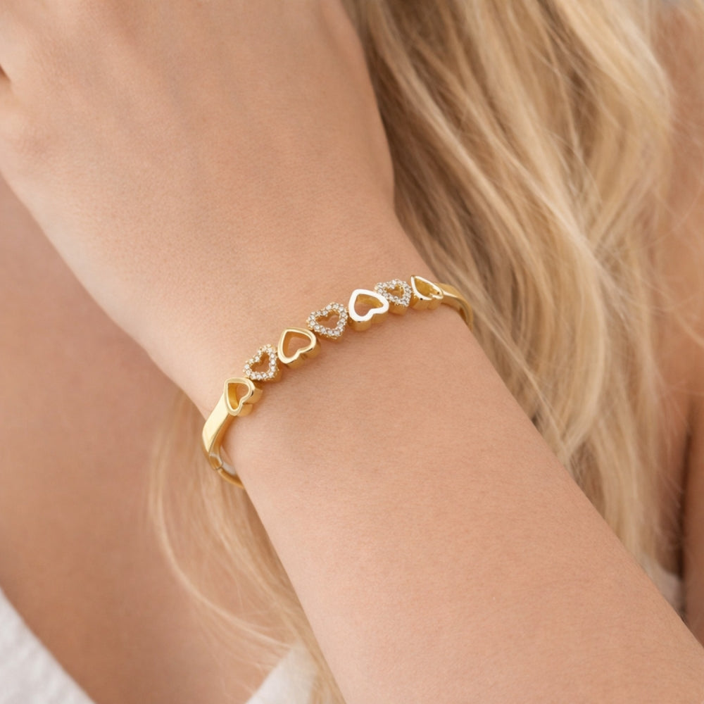 Oro Laminado Individual Bangle, Gold Filled Style Heart Design, with White Micro Pave, Polished, Golden Finish