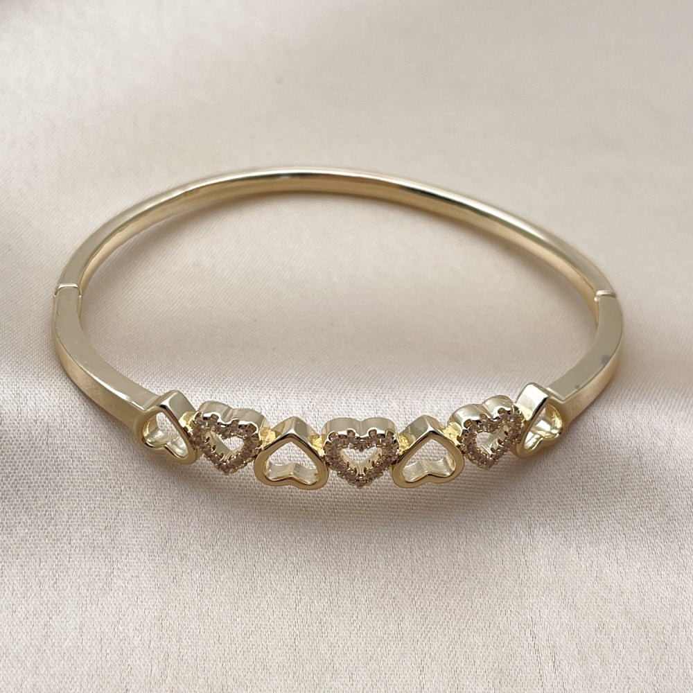 Oro Laminado Individual Bangle, Gold Filled Style Heart Design, with White Micro Pave, Polished, Golden Finish