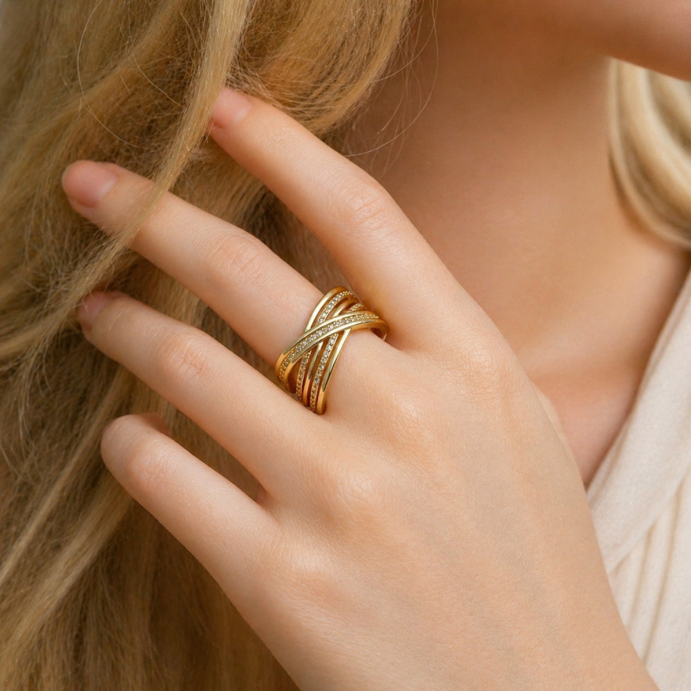 Oro Laminado Multi Stone Ring, Gold Filled Style Twist Design, with White Micro Pave, Polished, Golden Finish