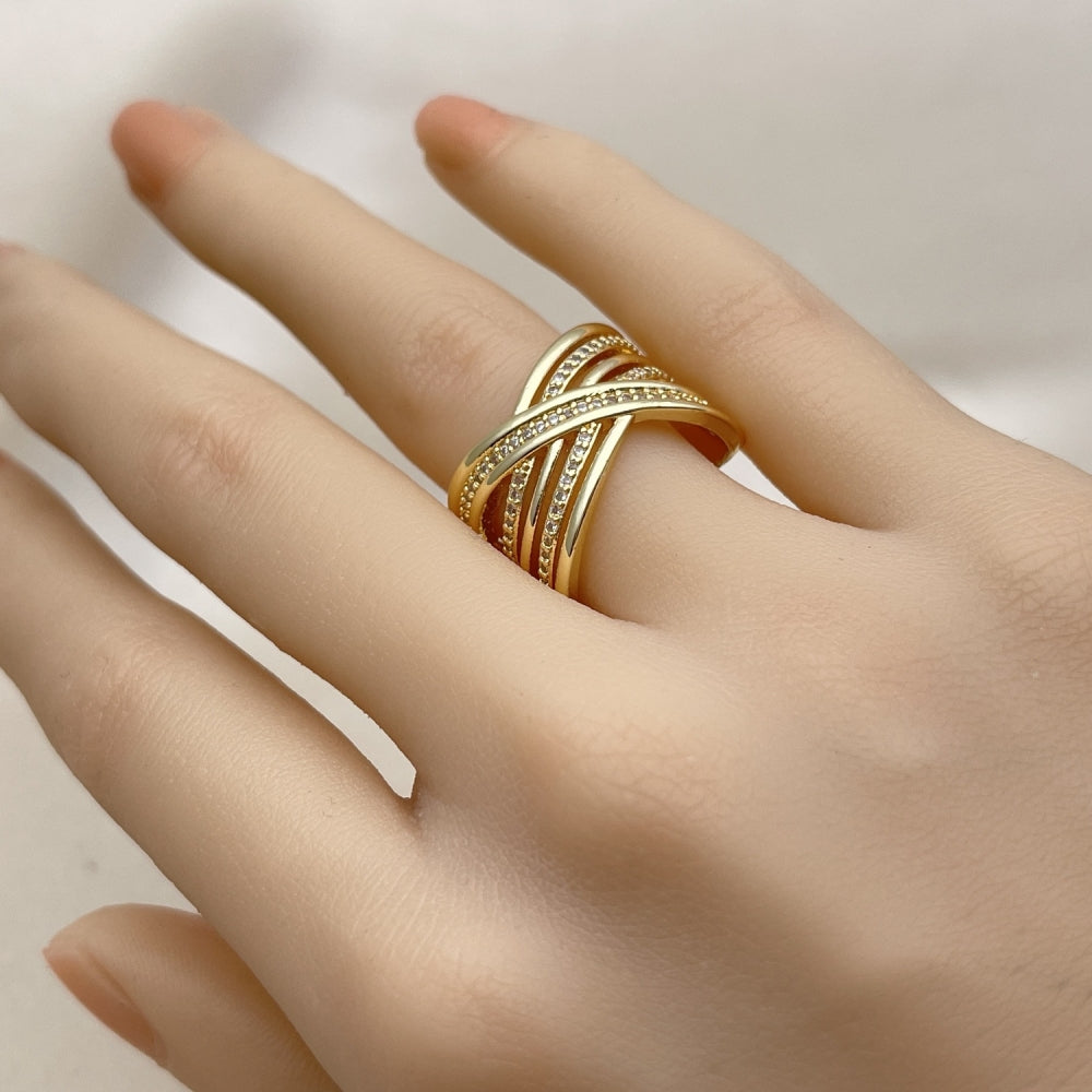 Oro Laminado Multi Stone Ring, Gold Filled Style Twist Design, with White Micro Pave, Polished, Golden Finish
