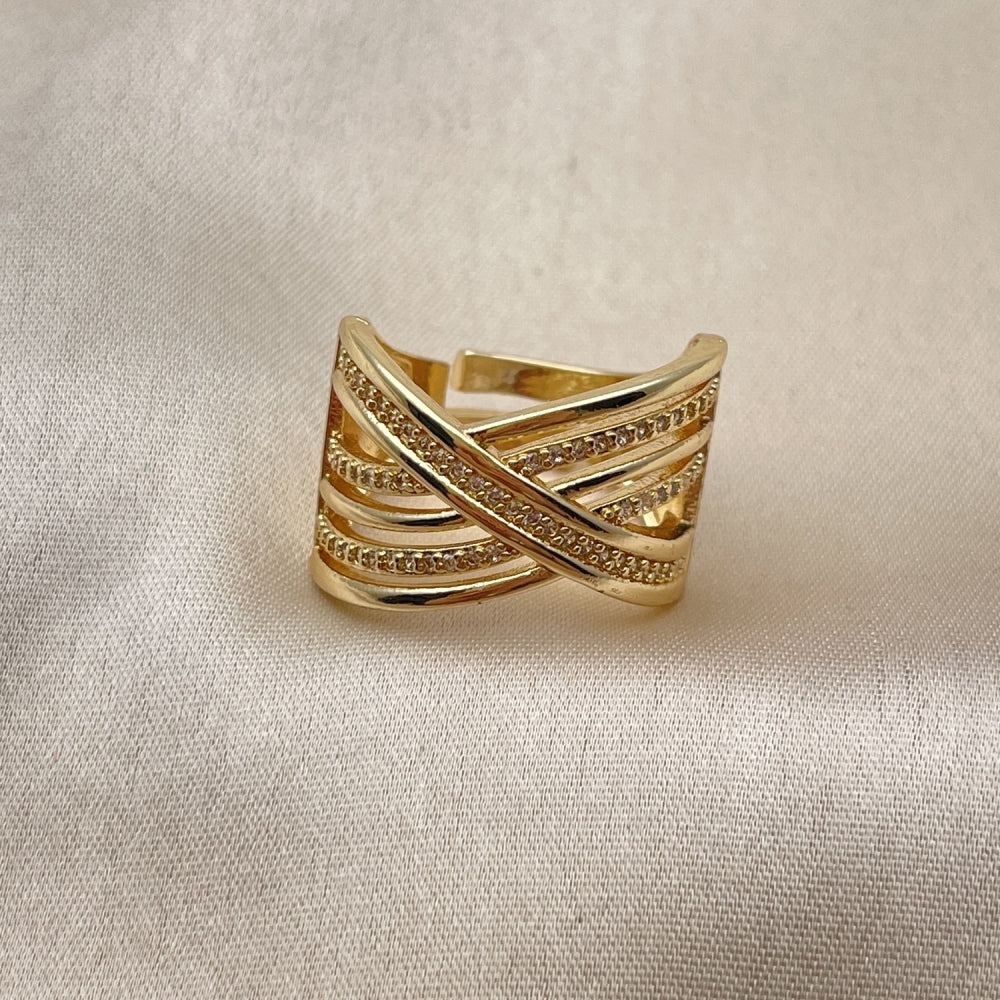 Oro Laminado Multi Stone Ring, Gold Filled Style Twist Design, with White Micro Pave, Polished, Golden Finish