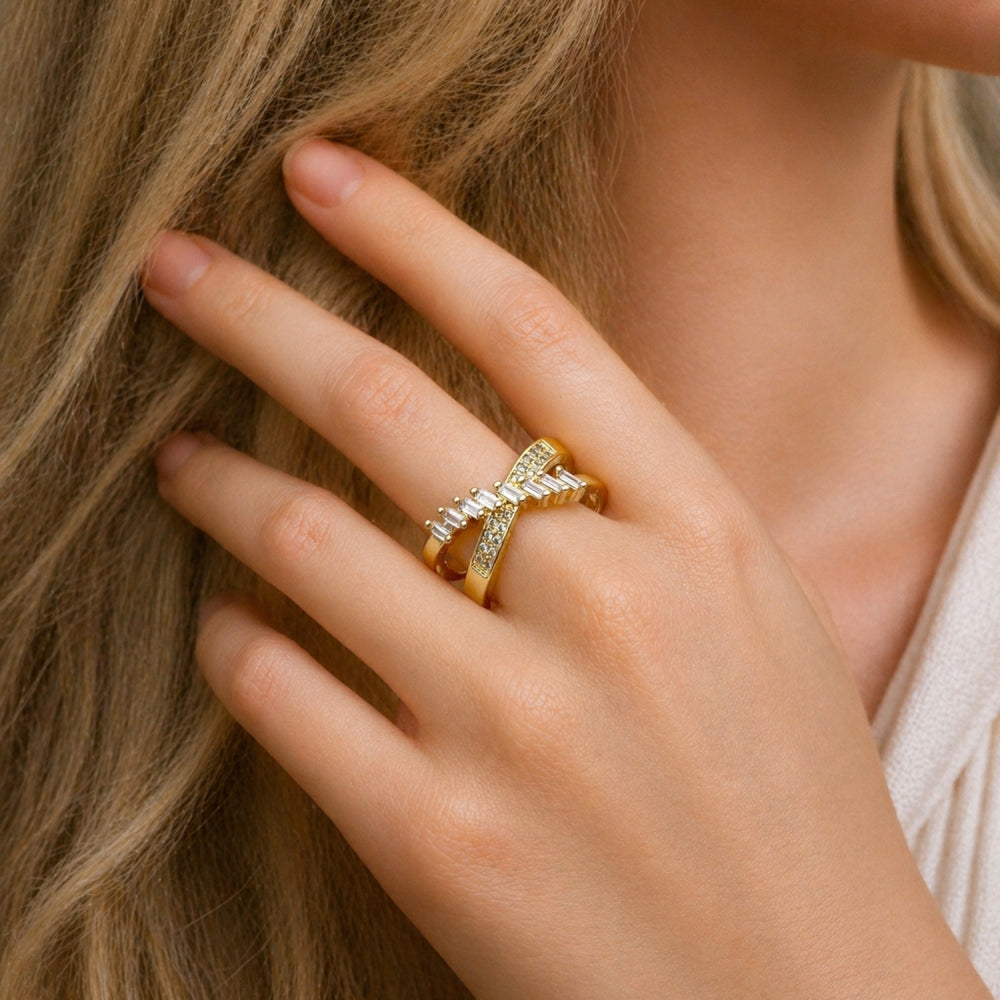 Oro Laminado Multi Stone Ring, Gold Filled Style Baguette Design, with White Cubic Zirconia and White Micro Pave, Polished, Golden Finish