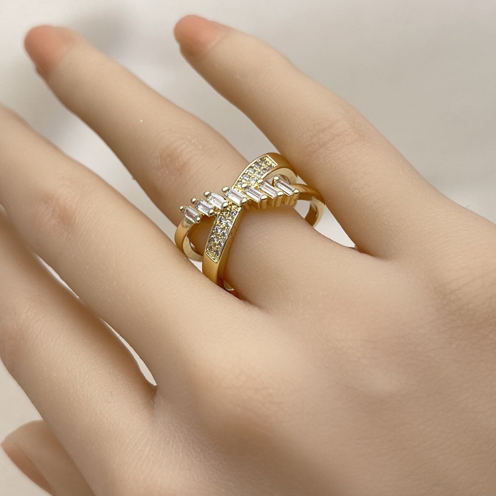 Oro Laminado Multi Stone Ring, Gold Filled Style Baguette Design, with White Cubic Zirconia and White Micro Pave, Polished, Golden Finish