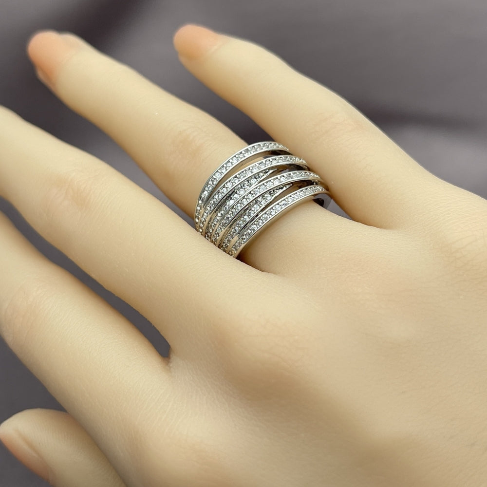 Rhodium Gold Filled Multi Stone Ring, Twist Design, with White Micro Pave, Polished, Rhodium Finish