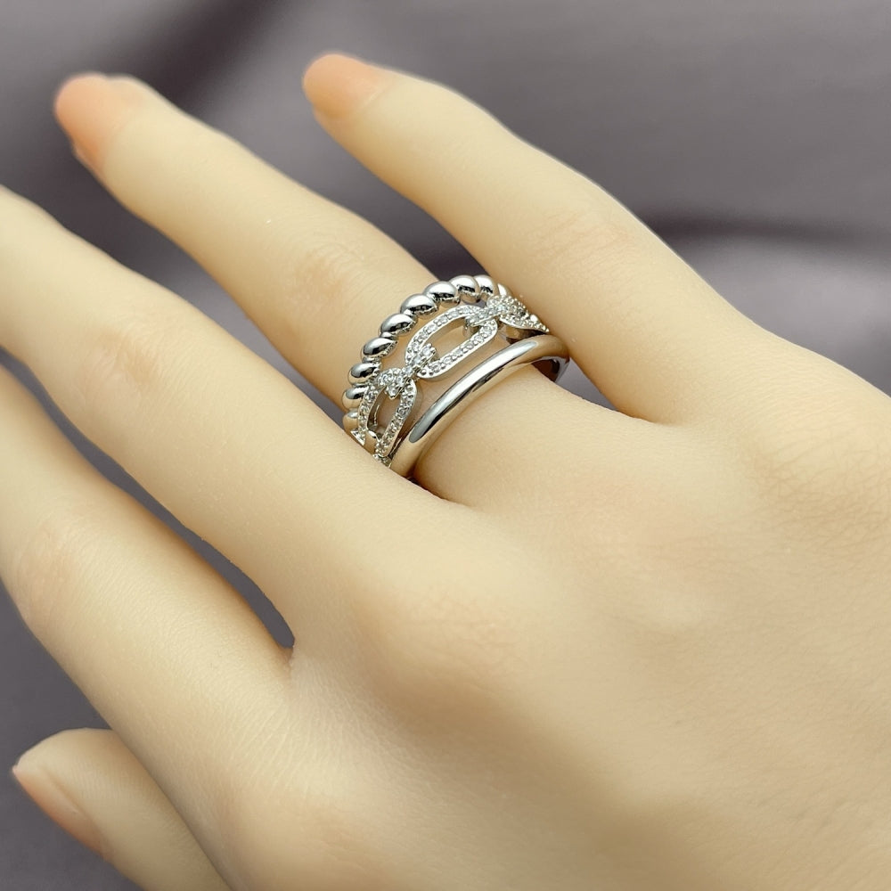 Rhodium Gold Filled Multi Stone Ring, Paperclip and Twist Design, with White Micro Pave, Polished, Rhodium Finish