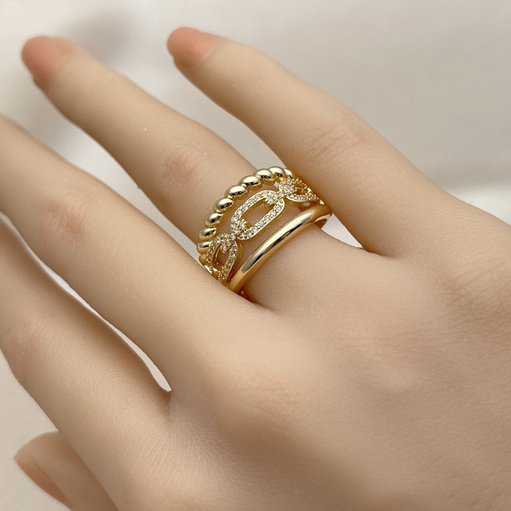 Oro Laminado Multi Stone Ring, Gold Filled Style Paperclip and Twist Design, with White Micro Pave, Polished, Golden Finish