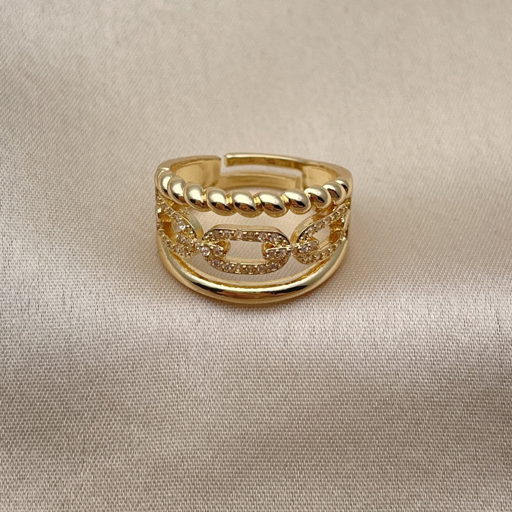 Oro Laminado Multi Stone Ring, Gold Filled Style Paperclip and Twist Design, with White Micro Pave, Polished, Golden Finish