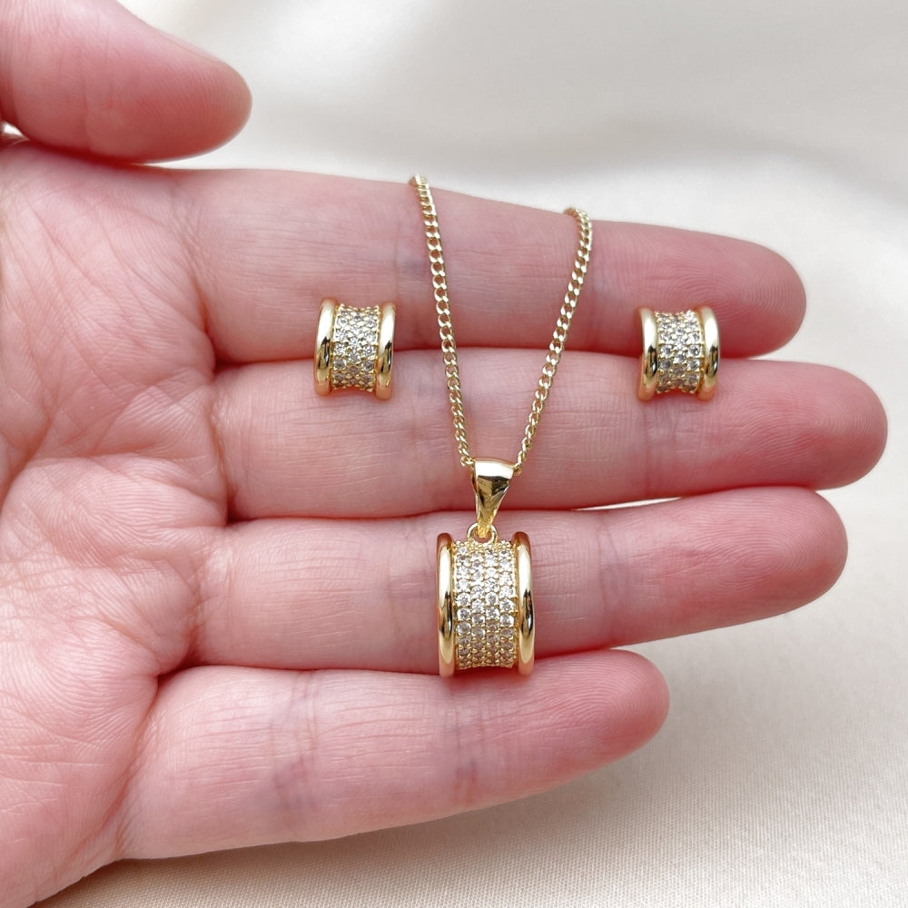 Oro Laminado Earring and Pendant Adult Set, Gold Filled Style with White Micro Pave, Polished, Golden Finish