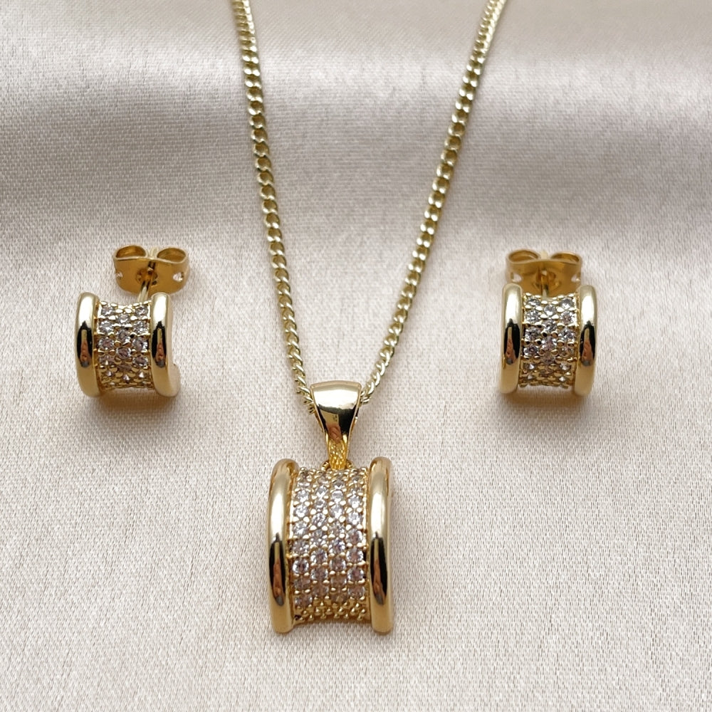 Oro Laminado Earring and Pendant Adult Set, Gold Filled Style with White Micro Pave, Polished, Golden Finish