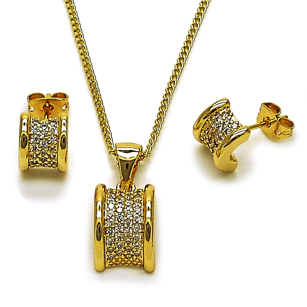 Oro Laminado Earring and Pendant Adult Set, Gold Filled Style with White Micro Pave, Polished, Golden Finish