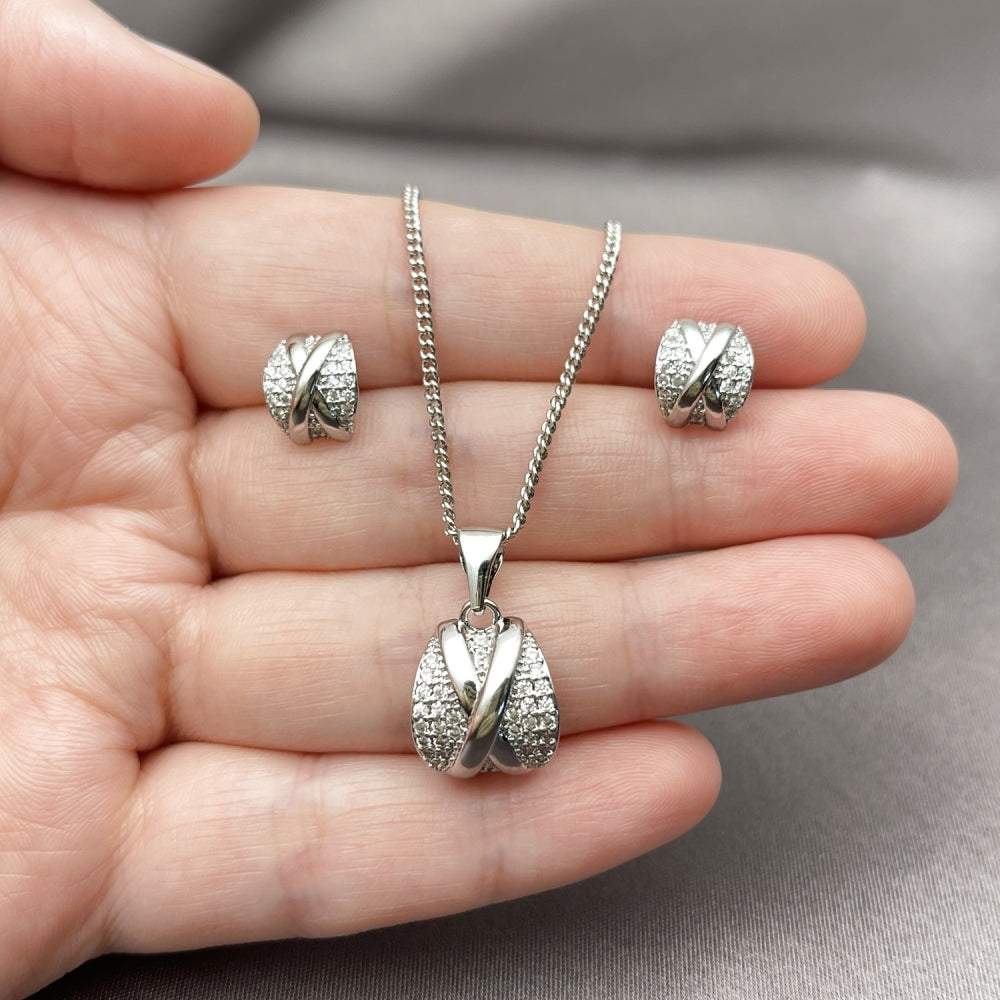 Rhodium Gold Filled Earring and Pendant Adult Set, with White Micro Pave and White Cubic Zirconia, Polished, Rhodium Finish