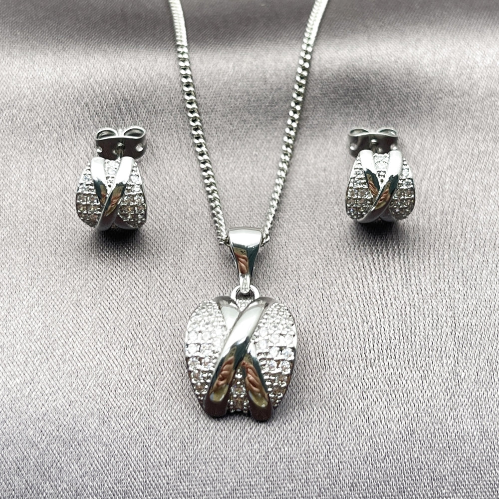 Rhodium Gold Filled Earring and Pendant Adult Set, with White Micro Pave and White Cubic Zirconia, Polished, Rhodium Finish