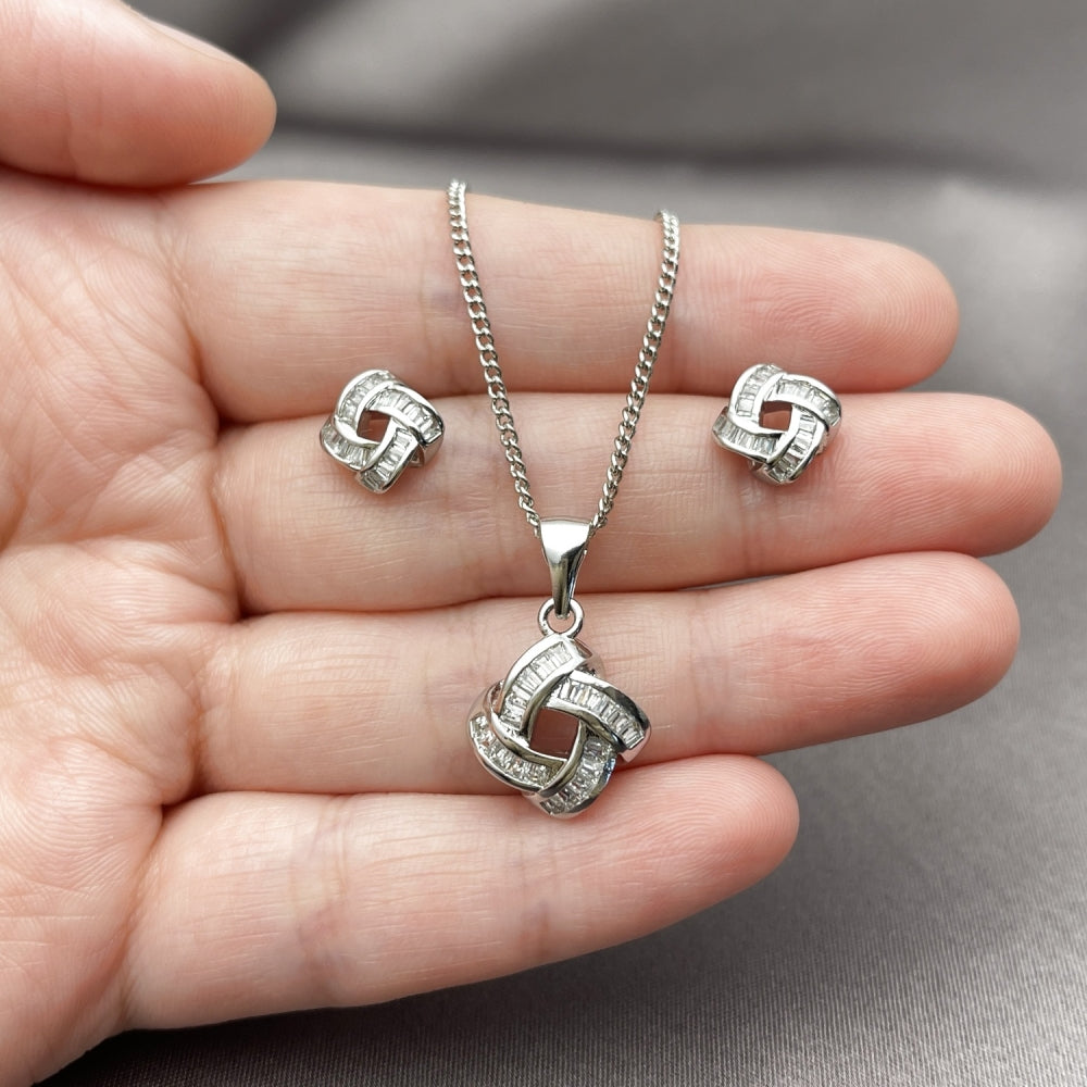 Rhodium Gold Filled Earring and Pendant Adult Set, Love Knot and Baguette Design, with White Cubic Zirconia, Polished, Rhodium Finish