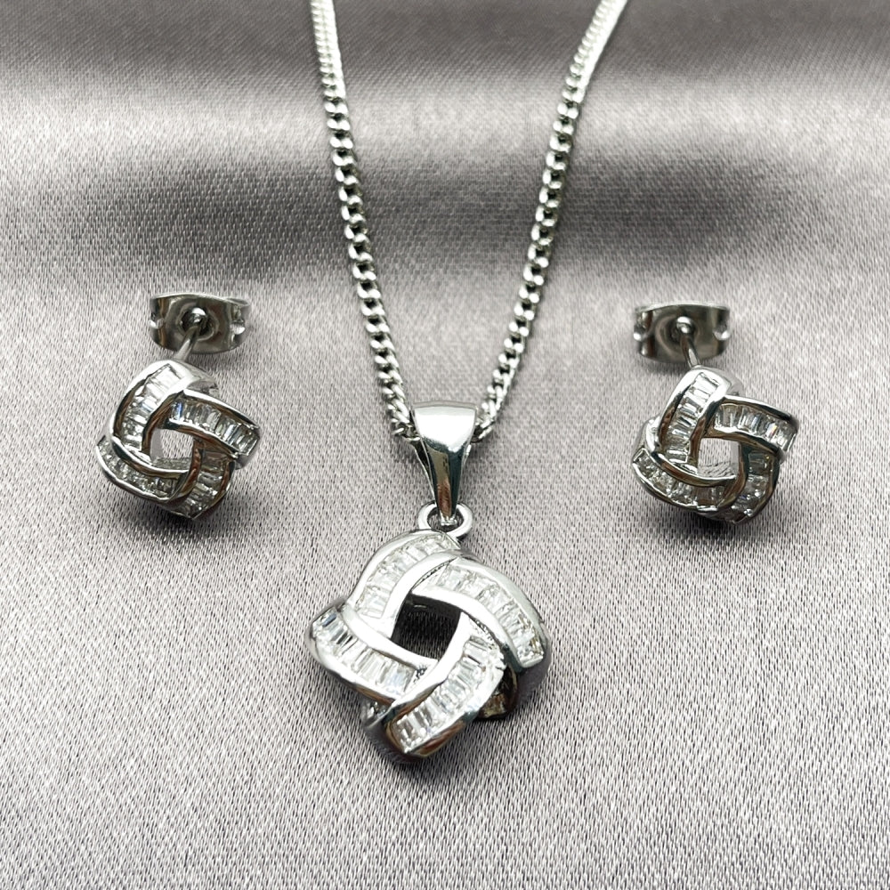 Rhodium Gold Filled Earring and Pendant Adult Set, Love Knot and Baguette Design, with White Cubic Zirconia, Polished, Rhodium Finish