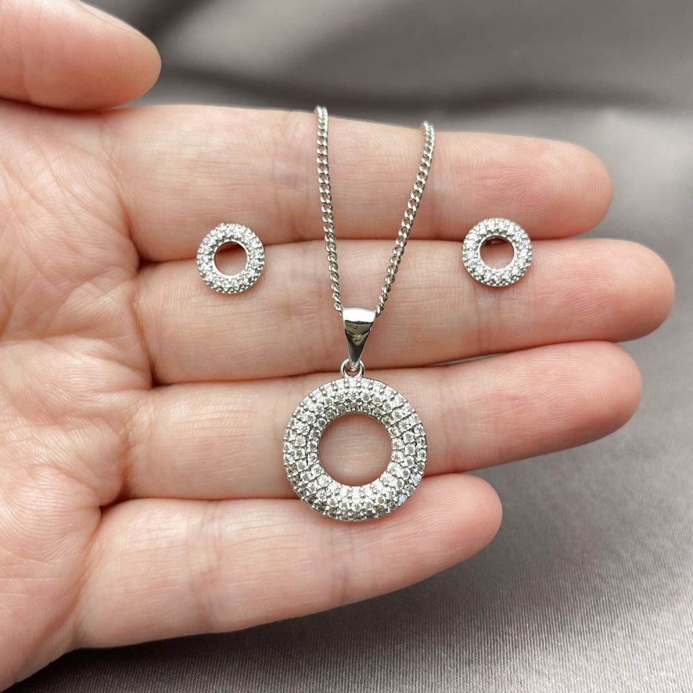 Rhodium Gold Filled Earring and Pendant Adult Set, with White Cubic Zirconia and White Micro Pave, Polished, Rhodium Finish