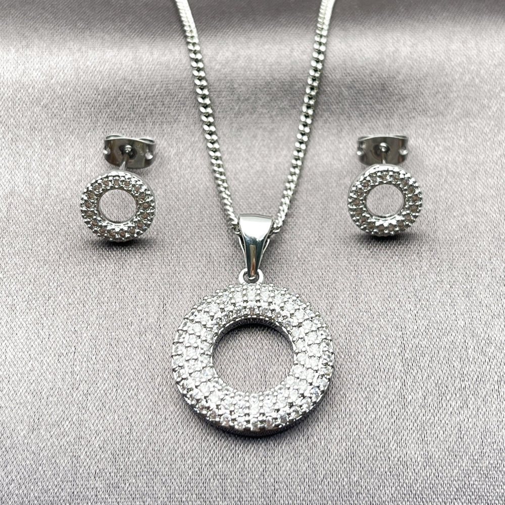 Rhodium Gold Filled Earring and Pendant Adult Set, with White Cubic Zirconia and White Micro Pave, Polished, Rhodium Finish