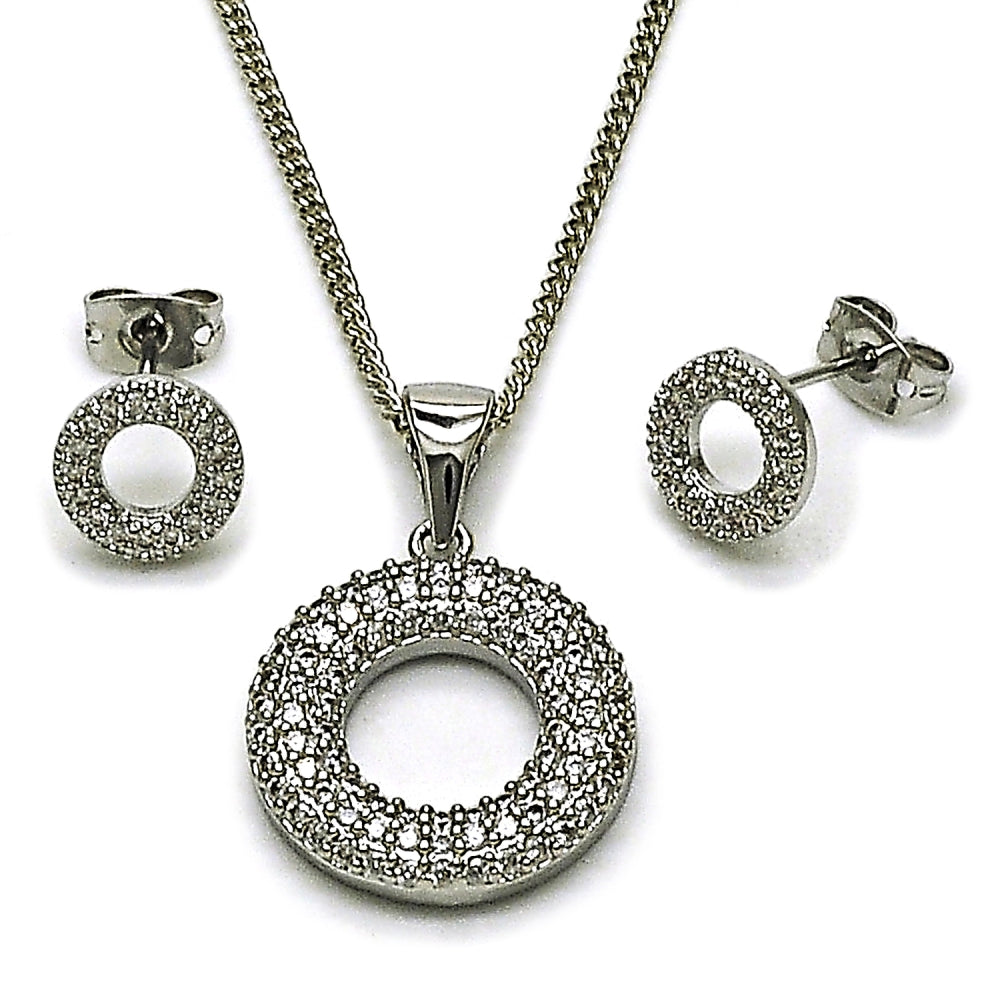 Rhodium Gold Filled Earring and Pendant Adult Set, with White Cubic Zirconia and White Micro Pave, Polished, Rhodium Finish