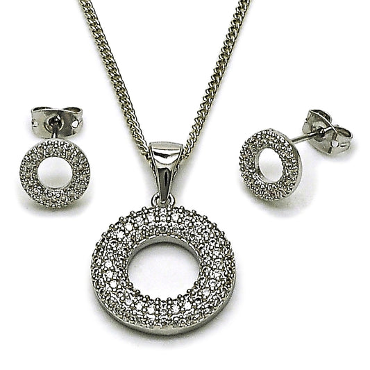 Rhodium Gold Filled Earring and Pendant Adult Set, with White Cubic Zirconia and White Micro Pave, Polished, Rhodium Finish