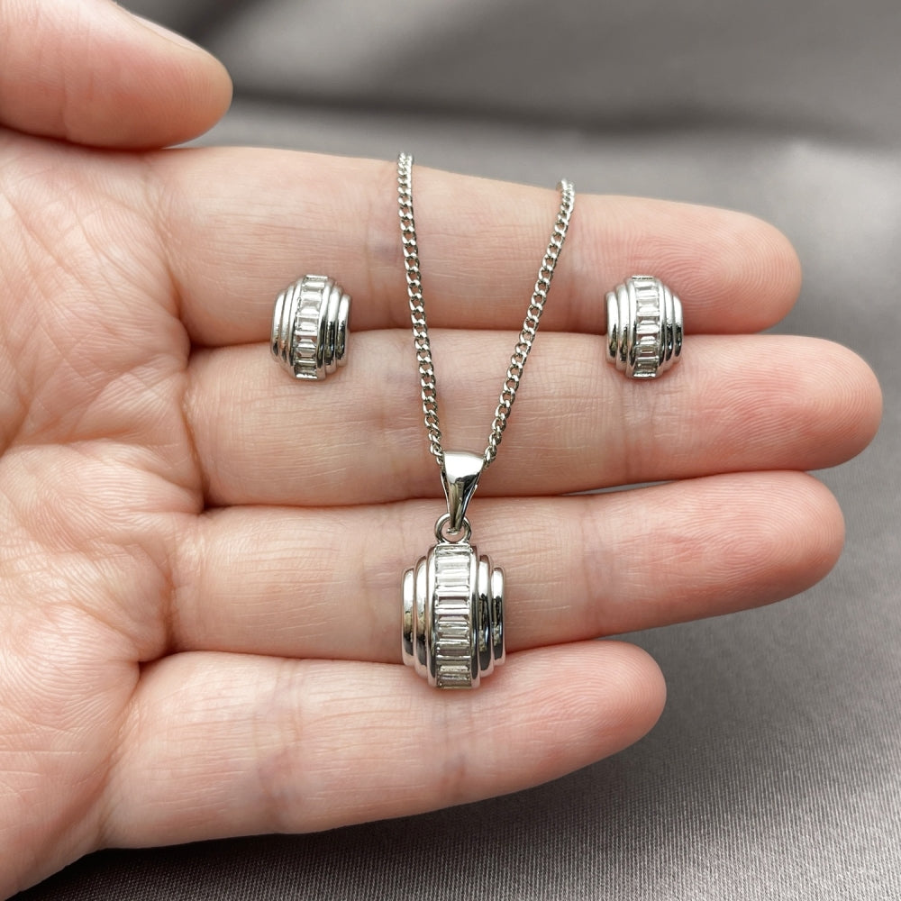 Rhodium Gold Filled Earring and Pendant Adult Set, Baguette Design, with White Cubic Zirconia, Polished, Rhodium Finish