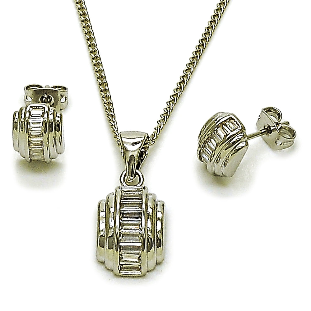 Rhodium Gold Filled Earring and Pendant Adult Set, Baguette Design, with White Cubic Zirconia, Polished, Rhodium Finish