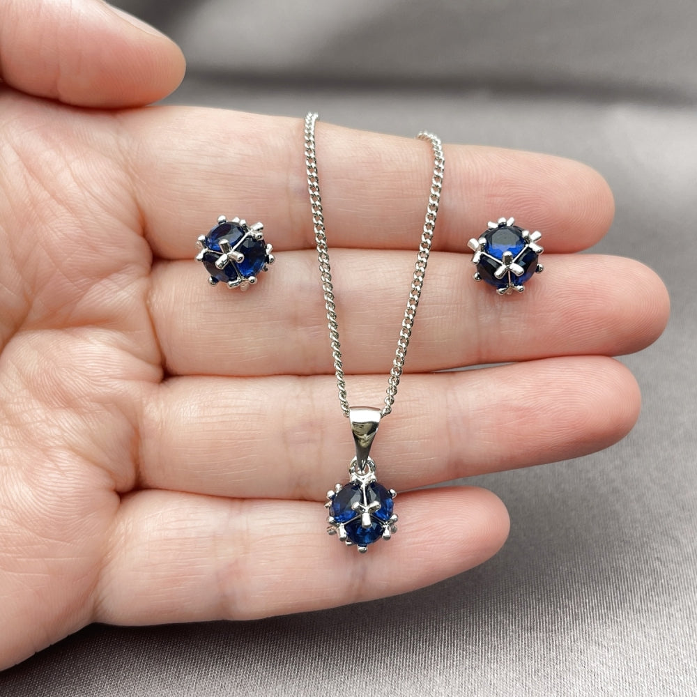 Rhodium Gold Filled Earring and Pendant Adult Set, Ball Design, with Sapphire Blue Cubic Zirconia, Polished, Rhodium Finish