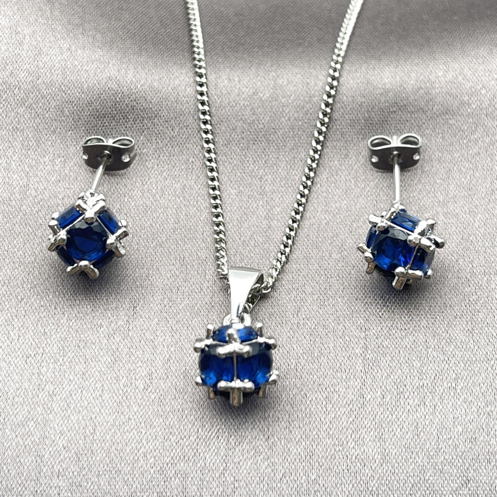 Rhodium Gold Filled Earring and Pendant Adult Set, Ball Design, with Sapphire Blue Cubic Zirconia, Polished, Rhodium Finish