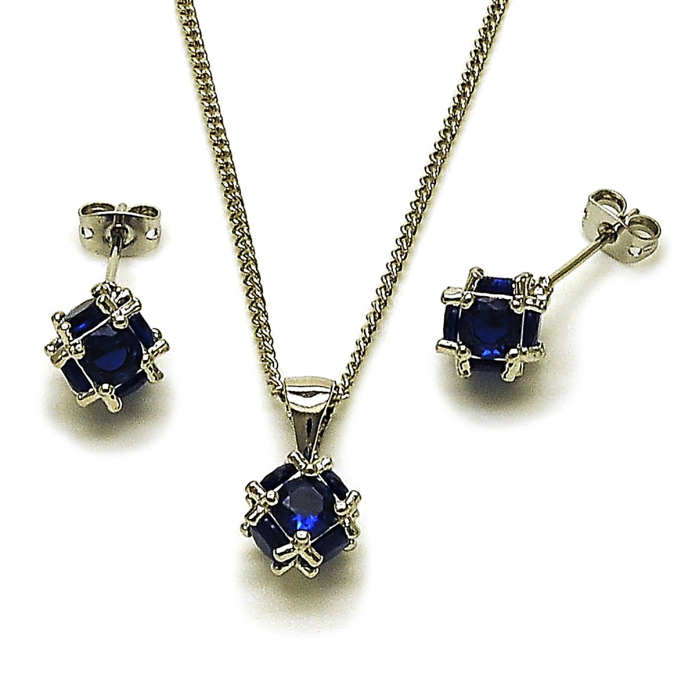 Rhodium Gold Filled Earring and Pendant Adult Set, Ball Design, with Sapphire Blue Cubic Zirconia, Polished, Rhodium Finish