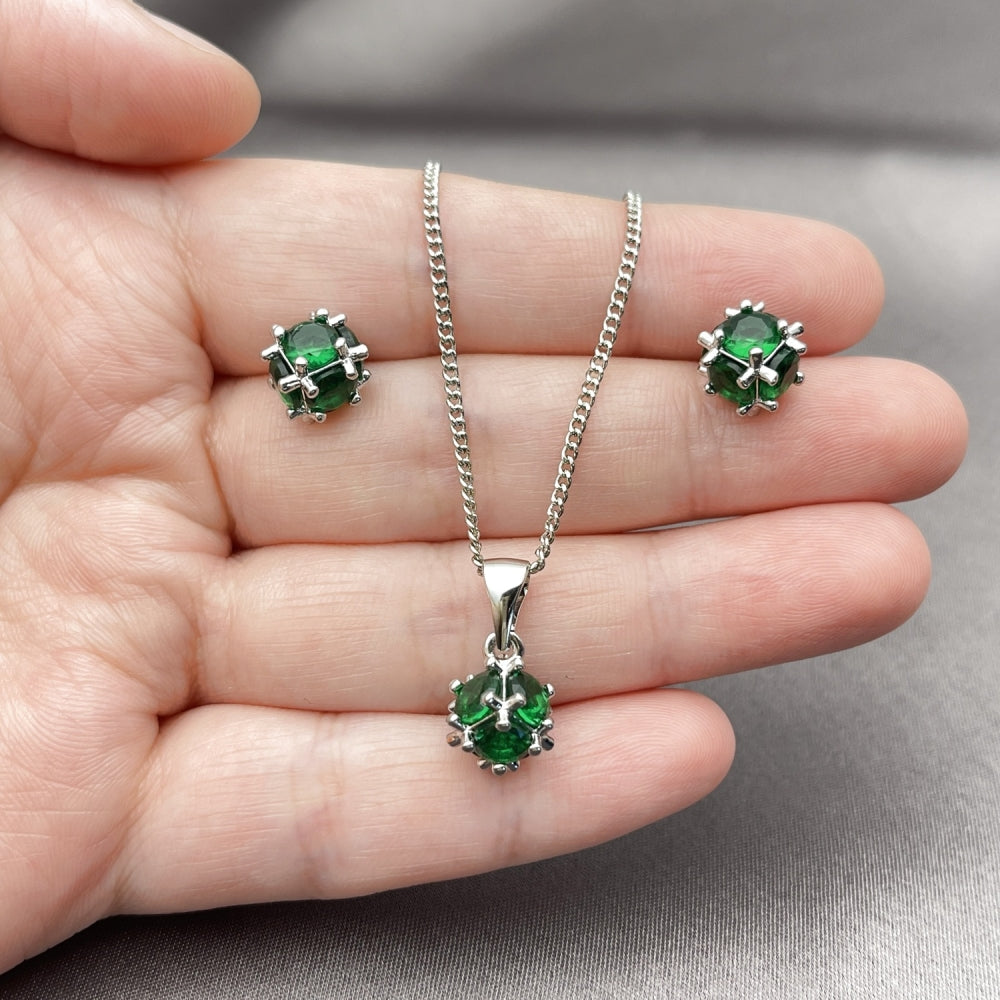 Rhodium Gold Filled Earring and Pendant Adult Set, Ball Design, with Green Cubic Zirconia, Polished, Rhodium Finish