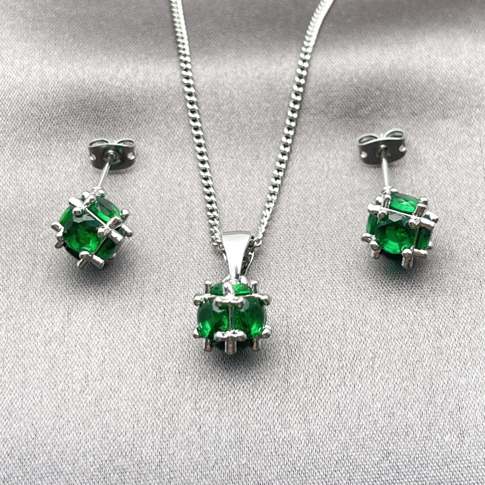 Rhodium Gold Filled Earring and Pendant Adult Set, Ball Design, with Green Cubic Zirconia, Polished, Rhodium Finish