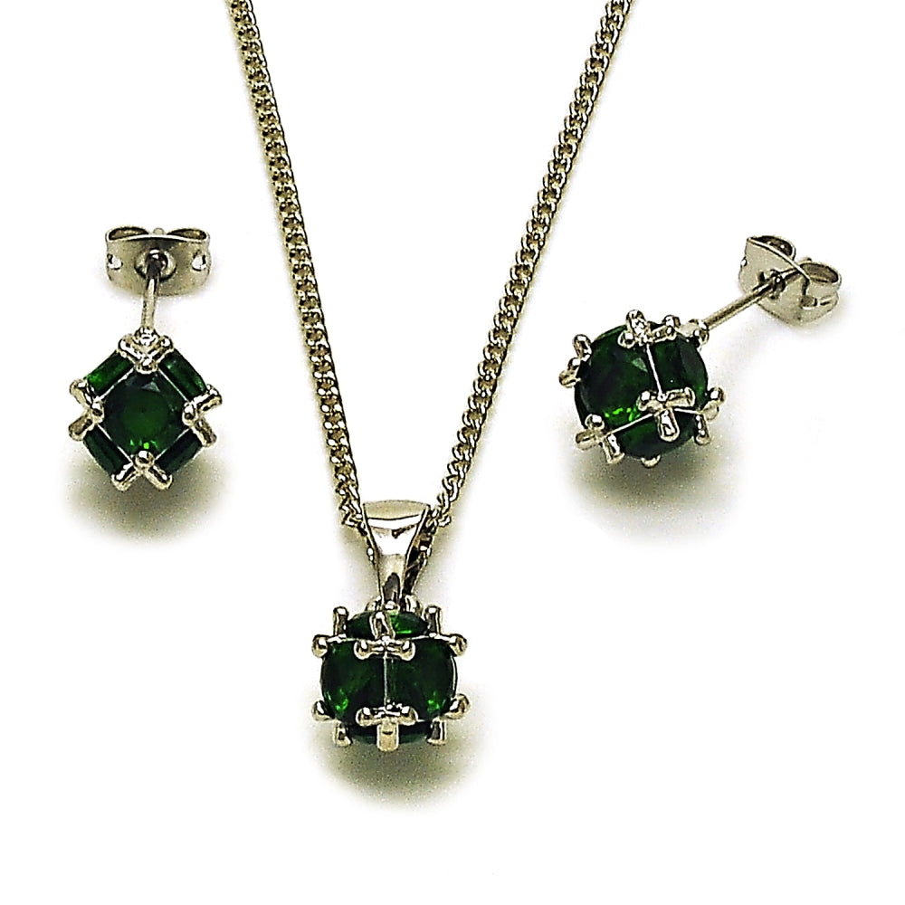 Rhodium Gold Filled Earring and Pendant Adult Set, Ball Design, with Green Cubic Zirconia, Polished, Rhodium Finish