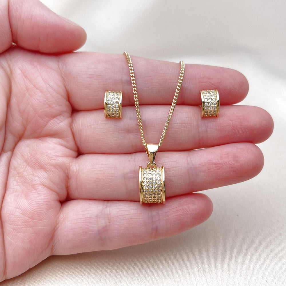 Oro Laminado Earring and Pendant Adult Set, Gold Filled Style with White Micro Pave, Polished, Golden Finish