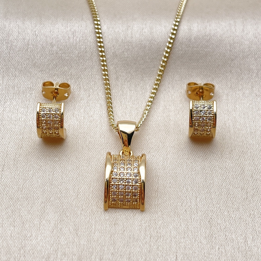 Oro Laminado Earring and Pendant Adult Set, Gold Filled Style with White Micro Pave, Polished, Golden Finish