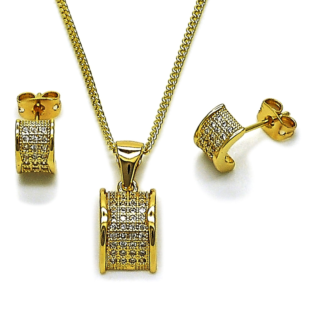Oro Laminado Earring and Pendant Adult Set, Gold Filled Style with White Micro Pave, Polished, Golden Finish