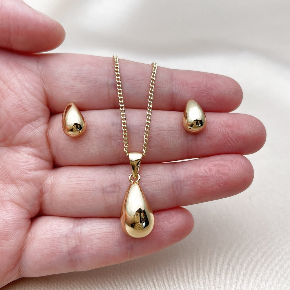 Oro Laminado Earring and Pendant Adult Set, Gold Filled Style Teardrop Design, Polished, Golden Finish