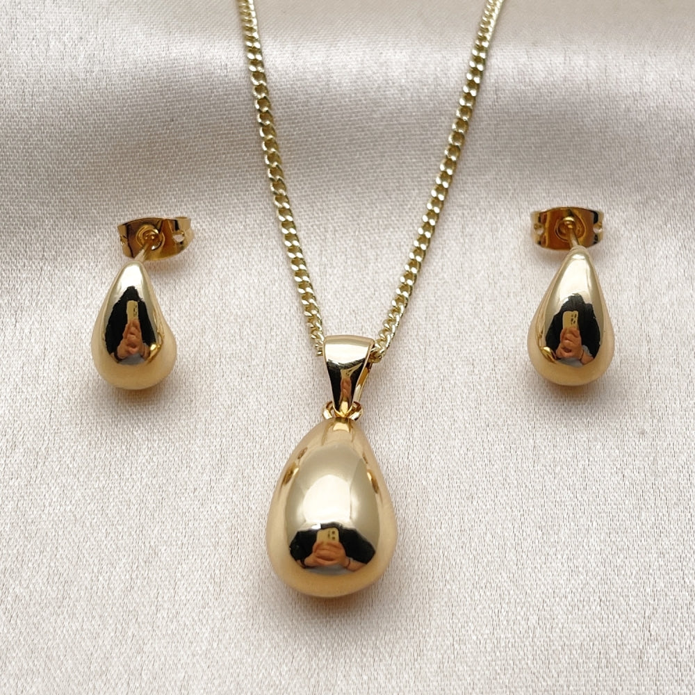 Oro Laminado Earring and Pendant Adult Set, Gold Filled Style Teardrop Design, Polished, Golden Finish