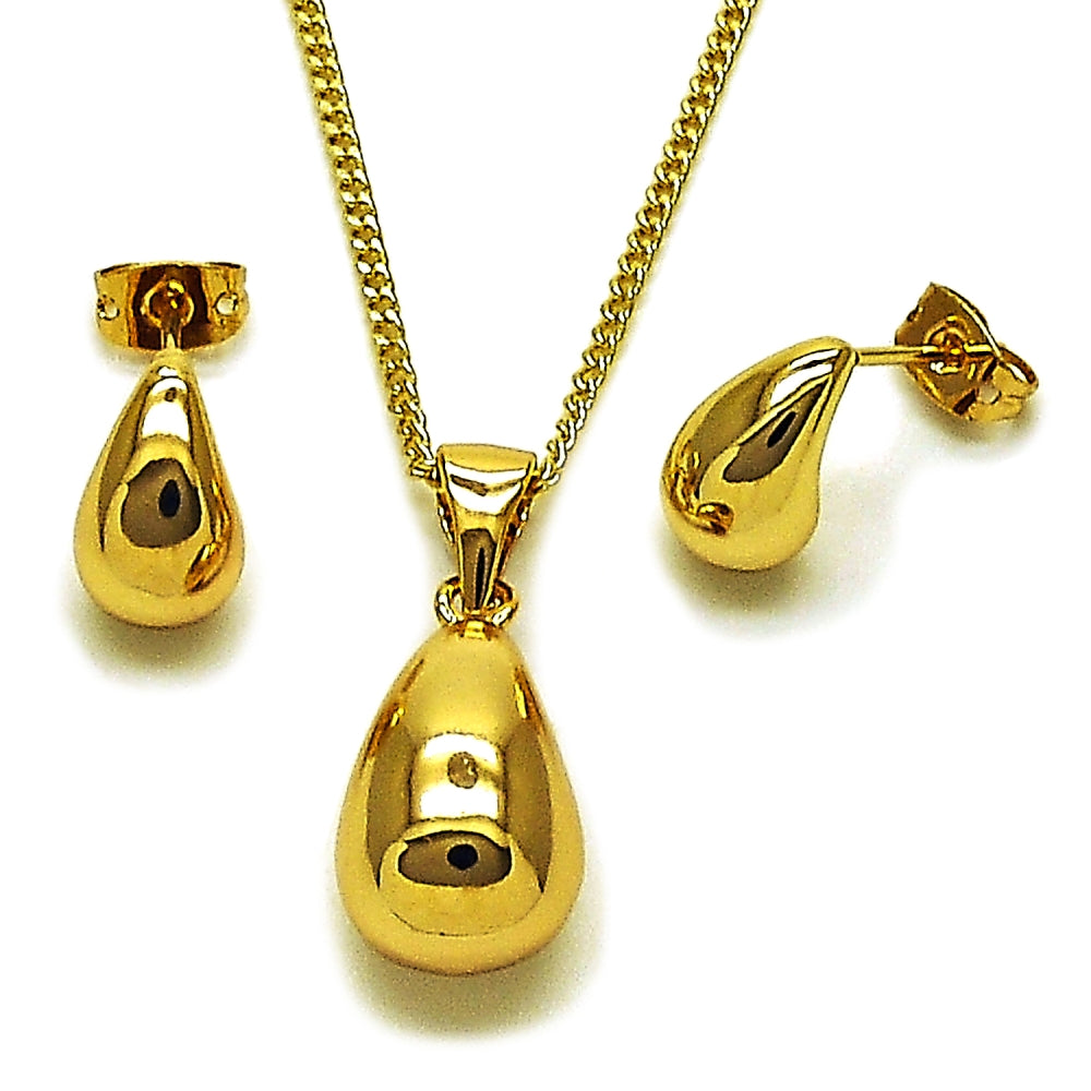 Oro Laminado Earring and Pendant Adult Set, Gold Filled Style Teardrop Design, Polished, Golden Finish
