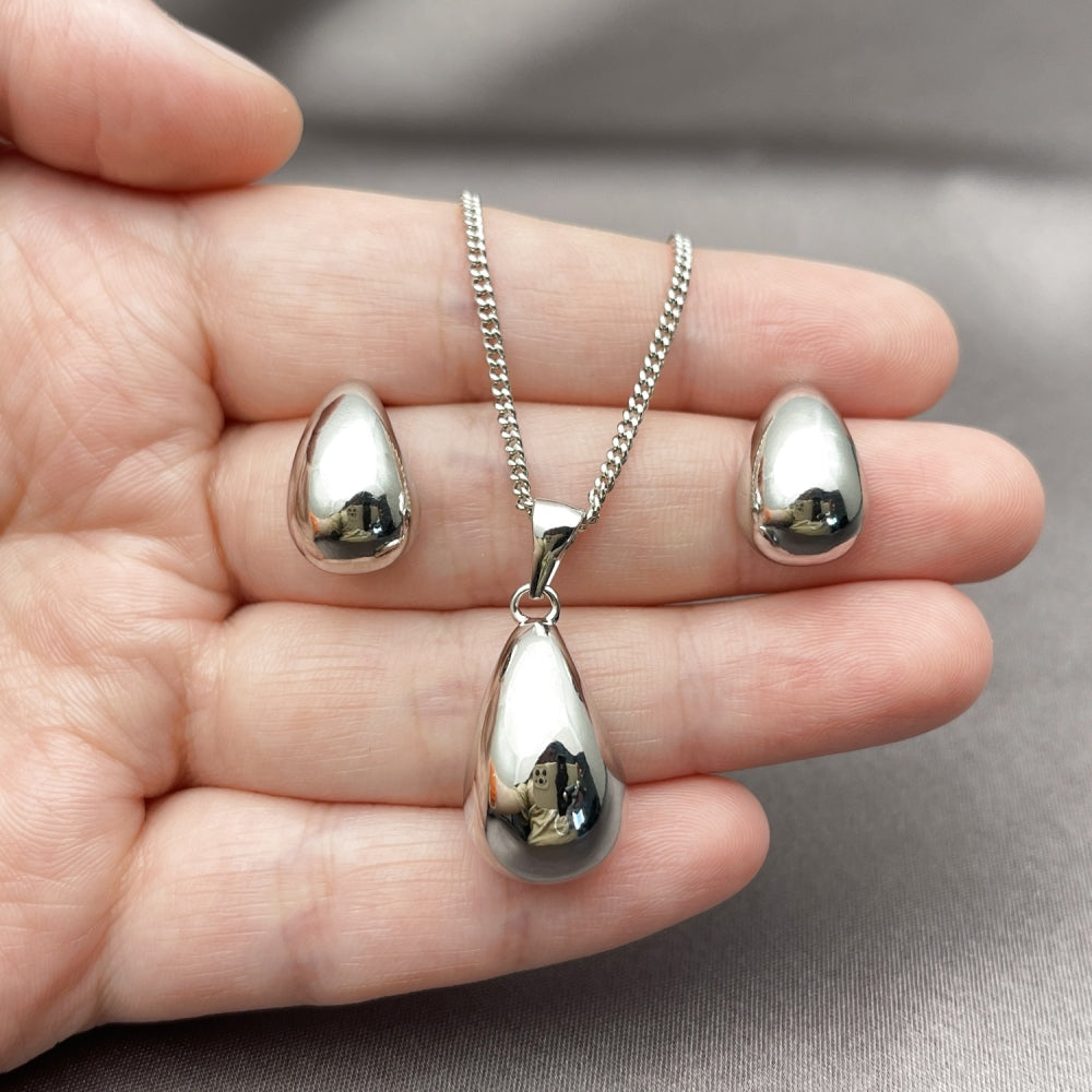Rhodium Gold Filled Earring and Pendant Adult Set, Teardrop Design, Polished, Rhodium Finish