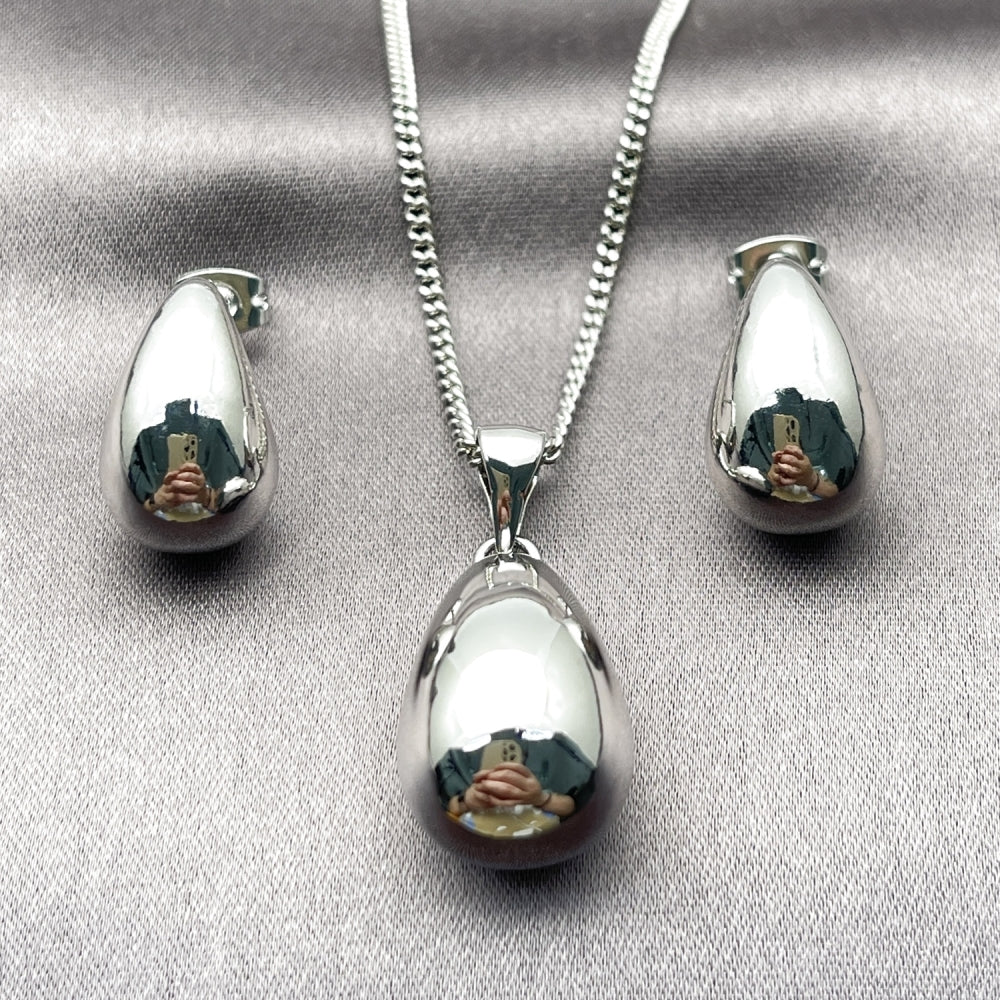 Rhodium Gold Filled Earring and Pendant Adult Set, Teardrop Design, Polished, Rhodium Finish