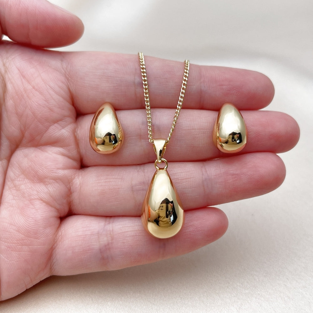 Oro Laminado Earring and Pendant Adult Set, Gold Filled Style Teardrop Design, Polished, Golden Finish
