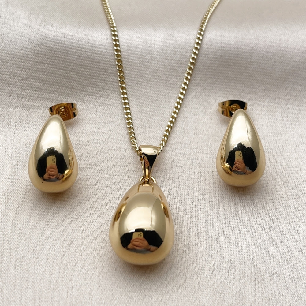 Oro Laminado Earring and Pendant Adult Set, Gold Filled Style Teardrop Design, Polished, Golden Finish