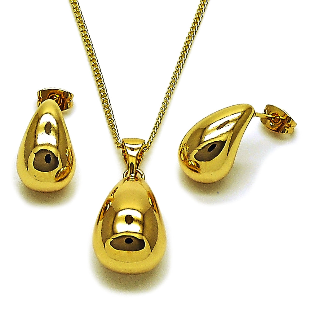 Oro Laminado Earring and Pendant Adult Set, Gold Filled Style Teardrop Design, Polished, Golden Finish