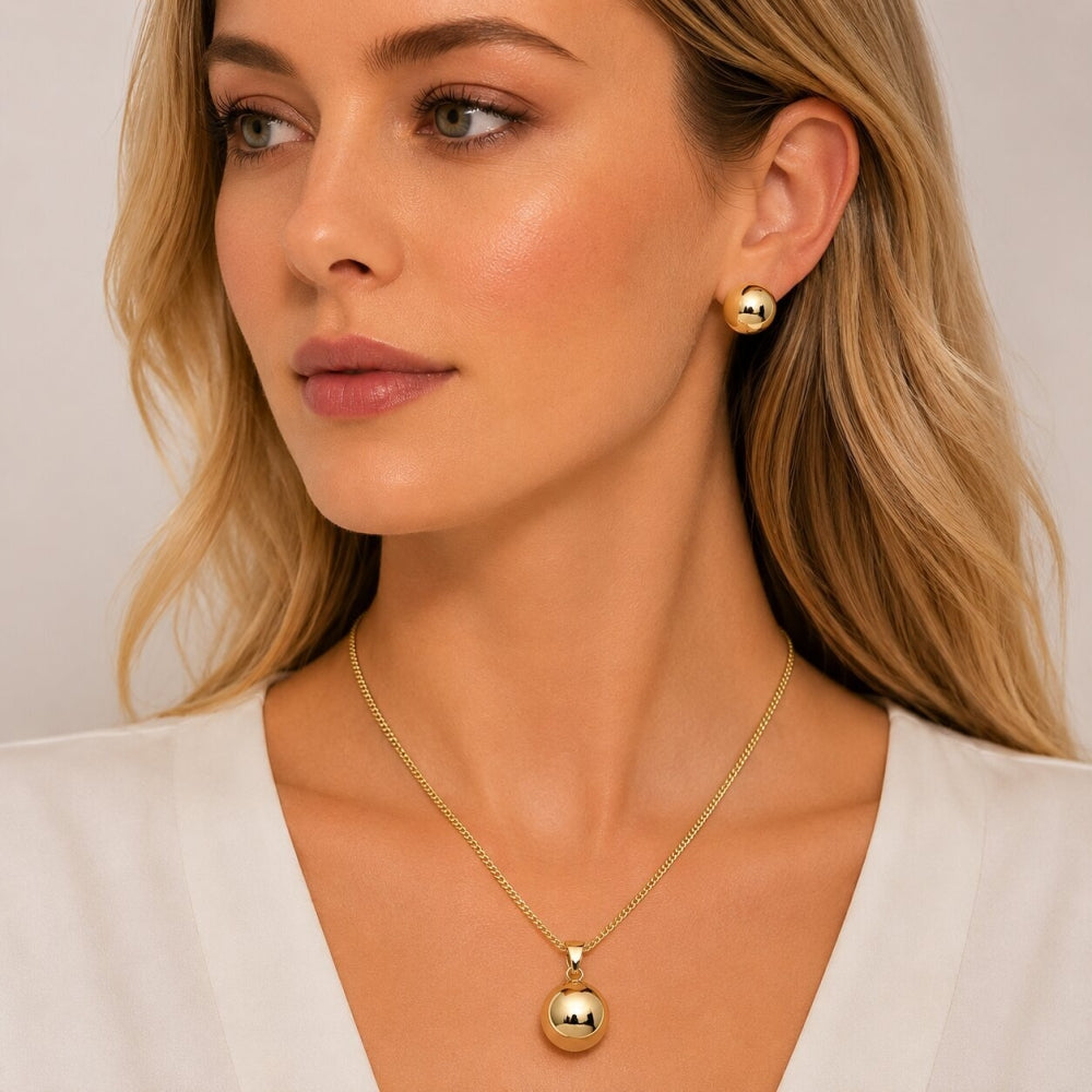 Oro Laminado Earring and Pendant Adult Set, Gold Filled Style Ball and Hollow Design, Polished, Golden Finish
