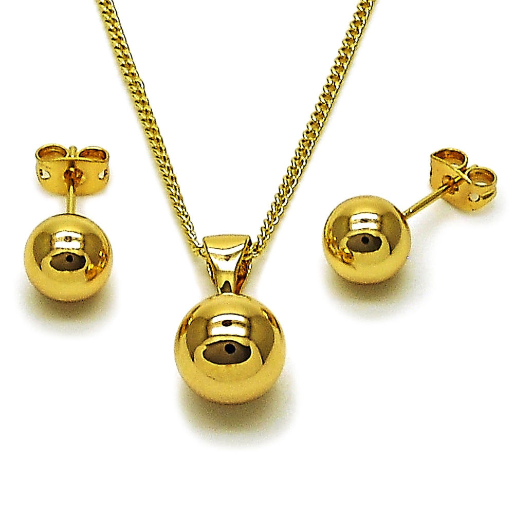 Oro Laminado Earring and Pendant Adult Set, Gold Filled Style Ball and Hollow Design, Polished, Golden Finish