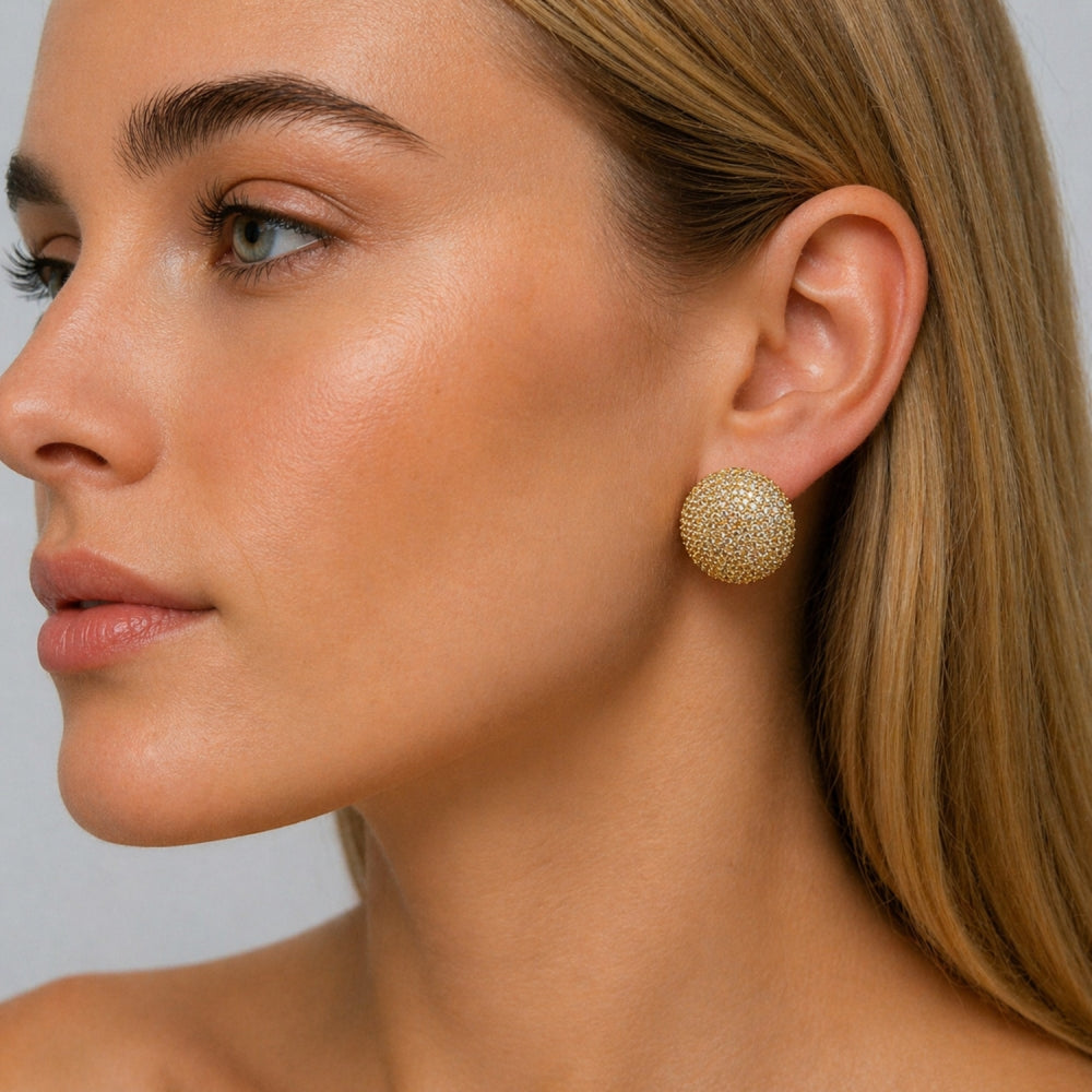 Oro Laminado Stud Earring, Gold Filled Style with White Micro Pave, Polished, Golden Finish