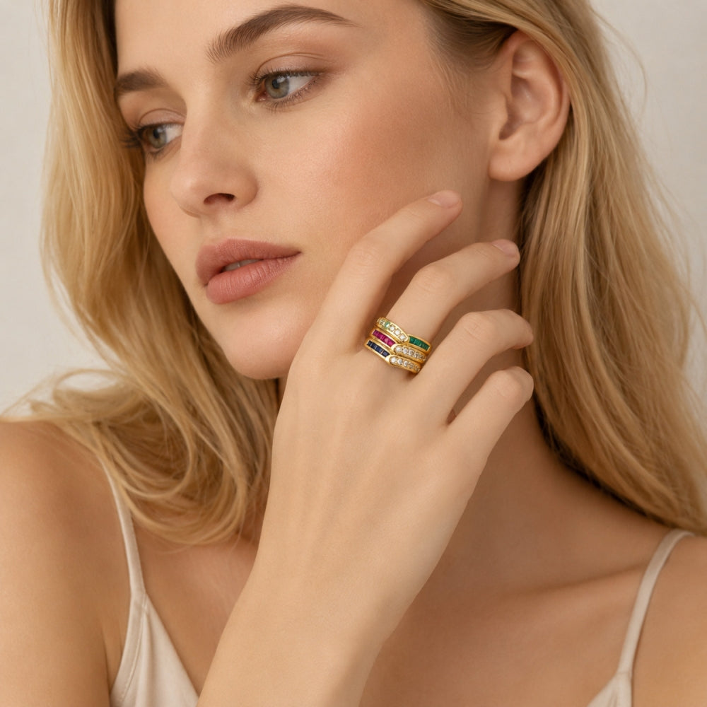 Oro Laminado Multi Stone Ring, Gold Filled Style with Multicolor and White Cubic Zirconia, Polished, Golden Finish