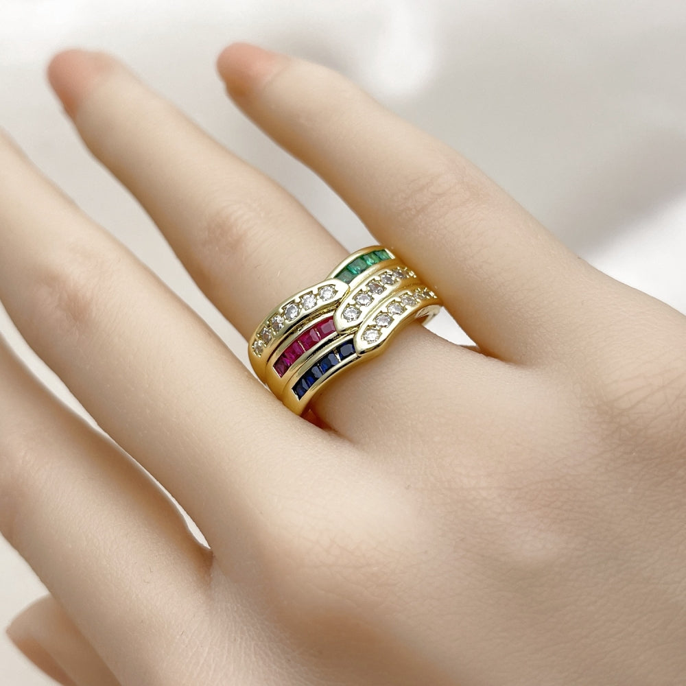 Oro Laminado Multi Stone Ring, Gold Filled Style with Multicolor and White Cubic Zirconia, Polished, Golden Finish