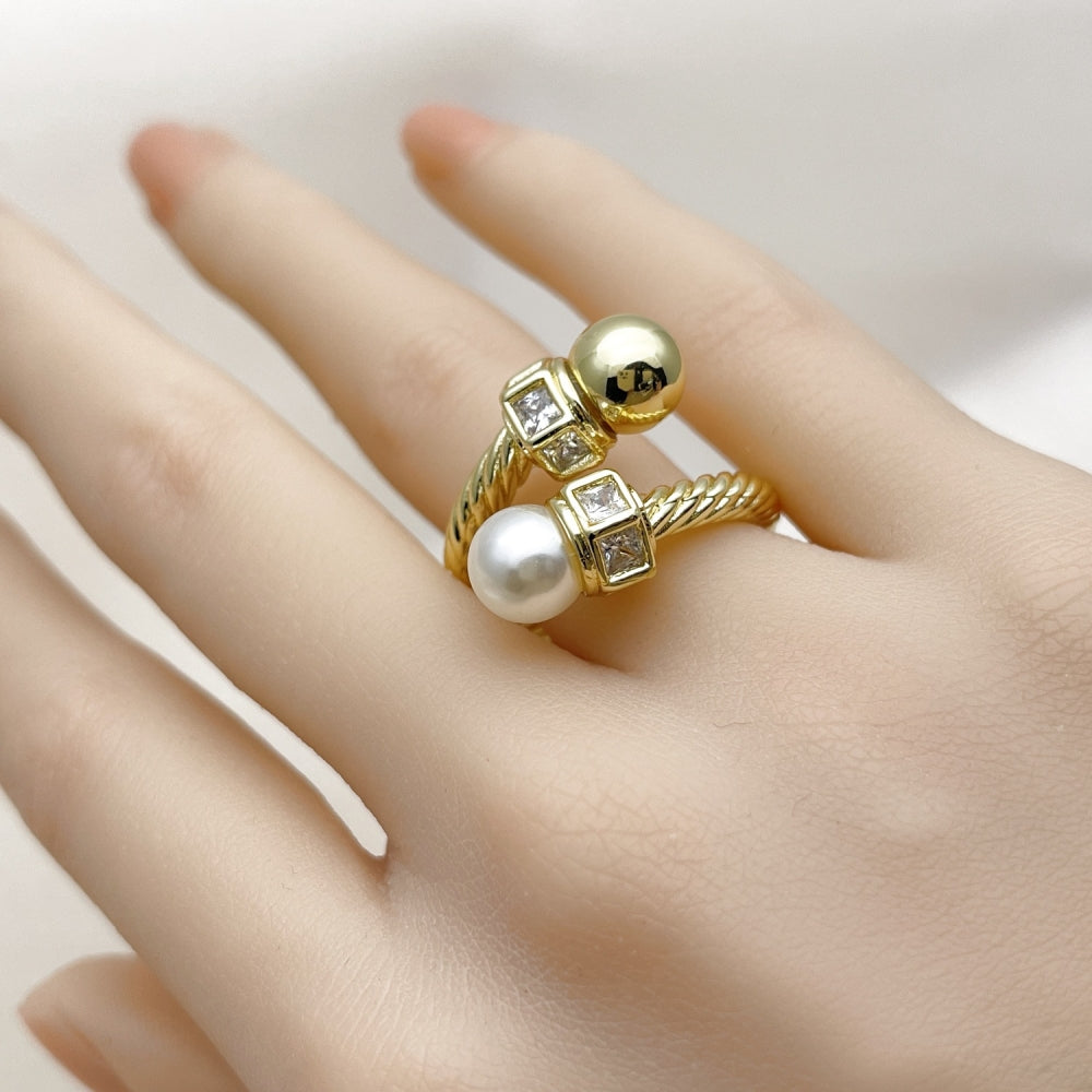 Oro Laminado Multi Stone Ring, Gold Filled Style Twist and Ball Design, with White Cubic Zirconia and Ivory Pearl, Polished, Golden Finish