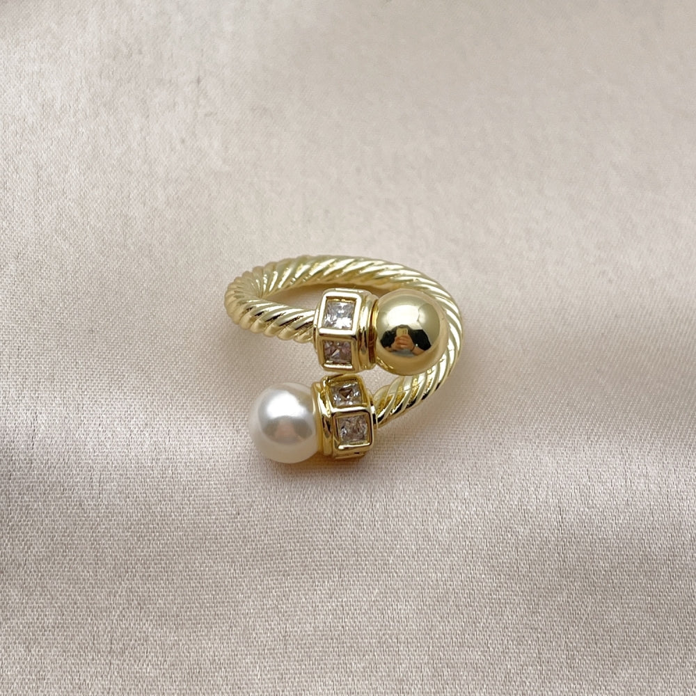 Oro Laminado Multi Stone Ring, Gold Filled Style Twist and Ball Design, with White Cubic Zirconia and Ivory Pearl, Polished, Golden Finish